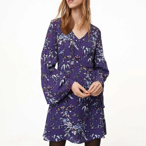 Loft Blue Floral Bohemian Hippie Bell Sleeves 70's Style Boho Mini Dress Size 0P - Picture 1 of 10